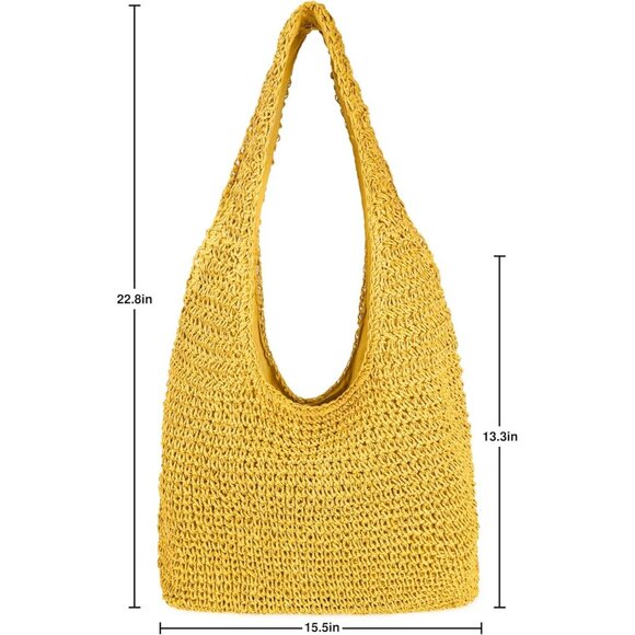 Women's Yellow Large Straw Beach Bag Handmade Woven Shoulder Hobo Tote Handbag - Picture 5 of 5